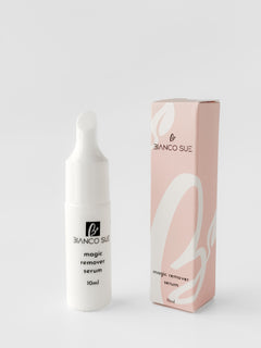 Convenient nail polish remover, specially designed for removing patch nail polish, comes in a compact bottle with an easy-to-use application tool.