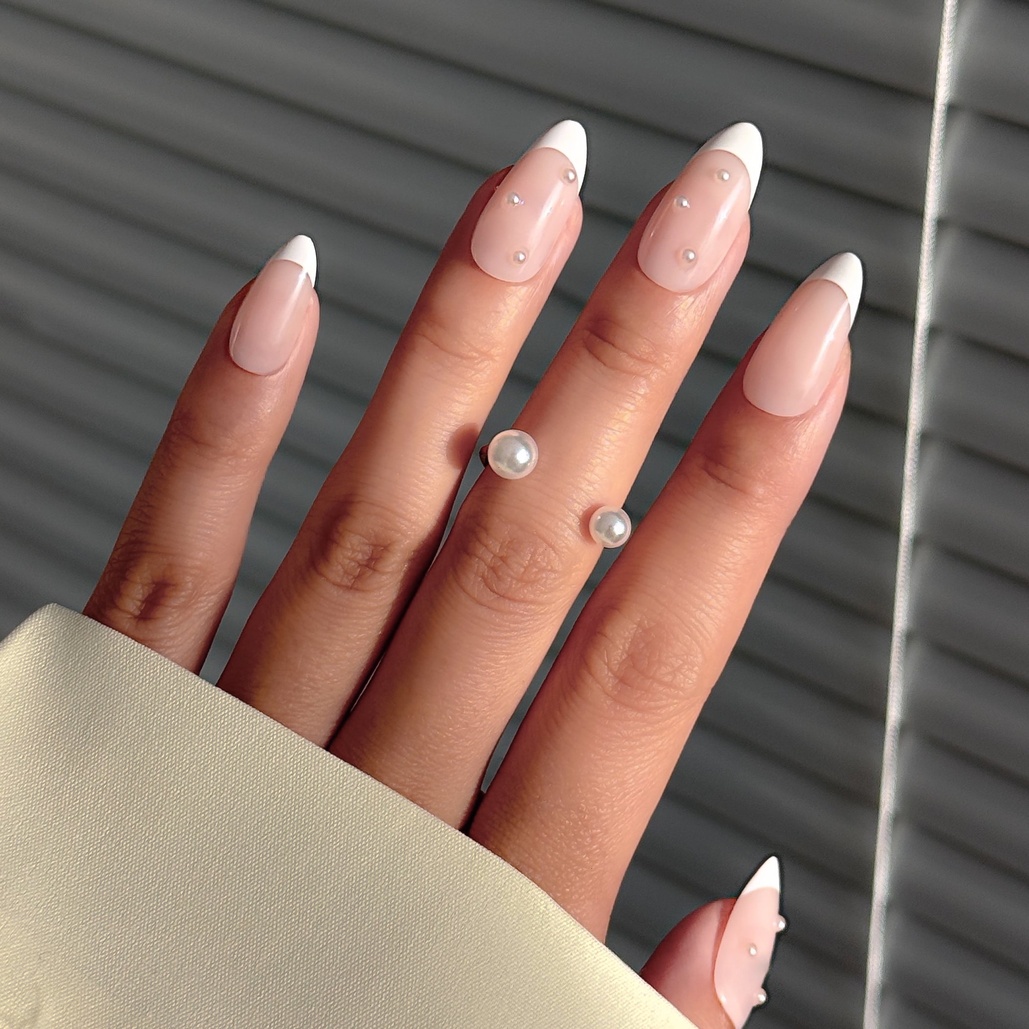 Salon Quality Press-on Nail Kit - Medium Almond French Tip with Pearls