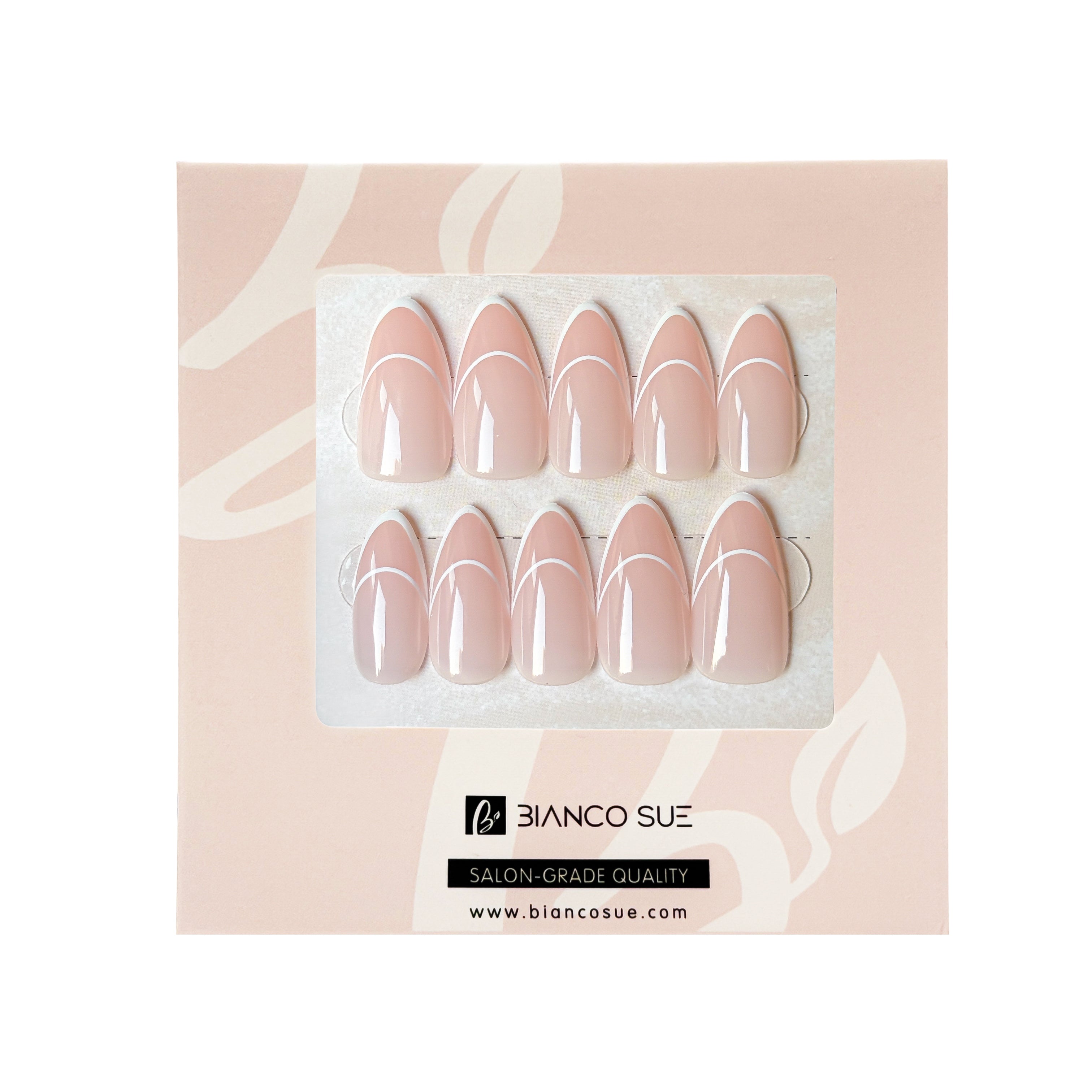 "Chic Curve Medium Almond Pink French Tip Press-On Nails Kit – Embrace elegance with this kit featuring medium almond-shaped nails with a soft pink French tip design. The curved tips add a modern twist to the classic French look, making it perfect for those who want a stylish, refined manicure in no time. Easy to apply and wear for a polished, sophisticated finish."