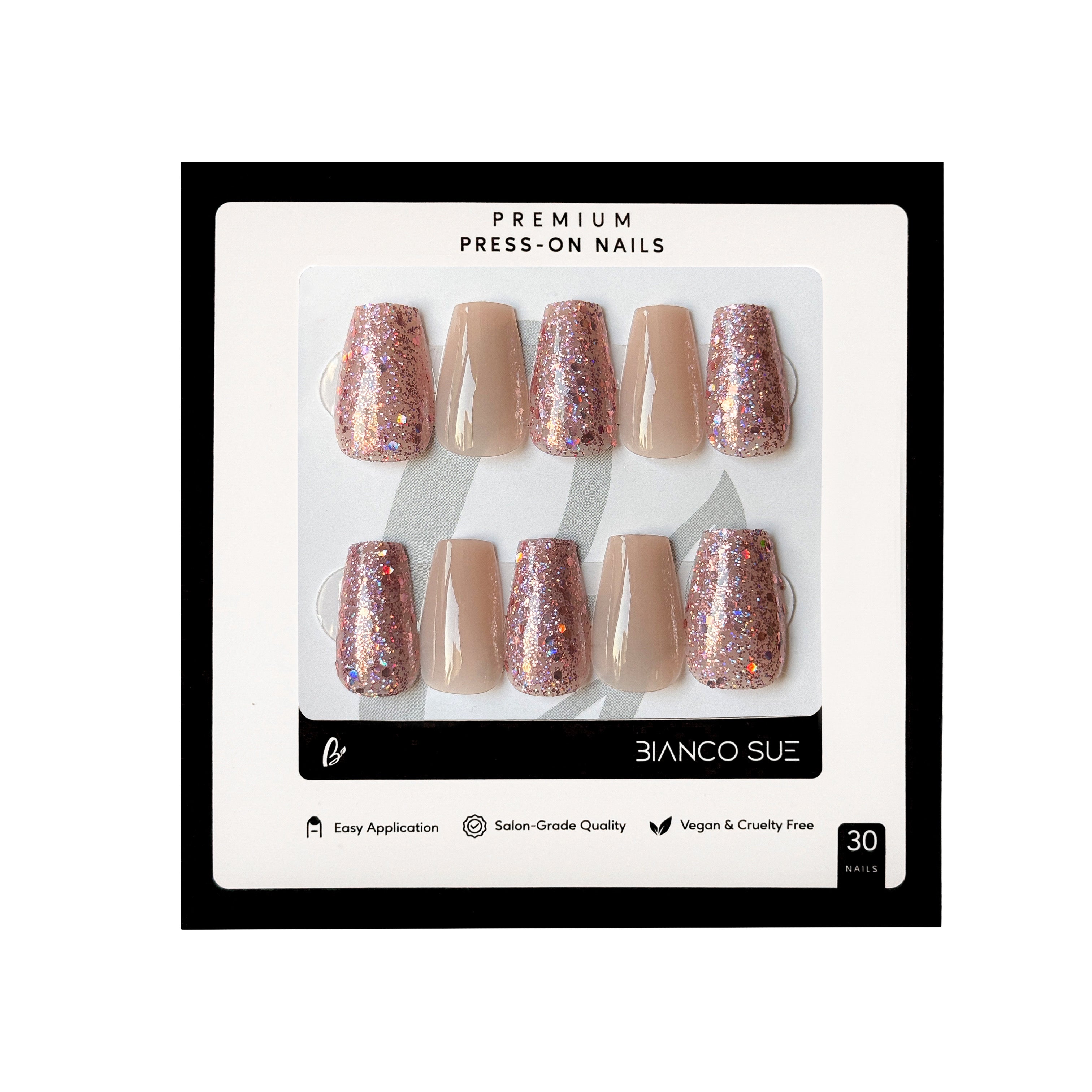 Luxe Shimmer medium coffin press-on nails kit with pink glitter and nude combination, perfect for a glamorous and chic look.