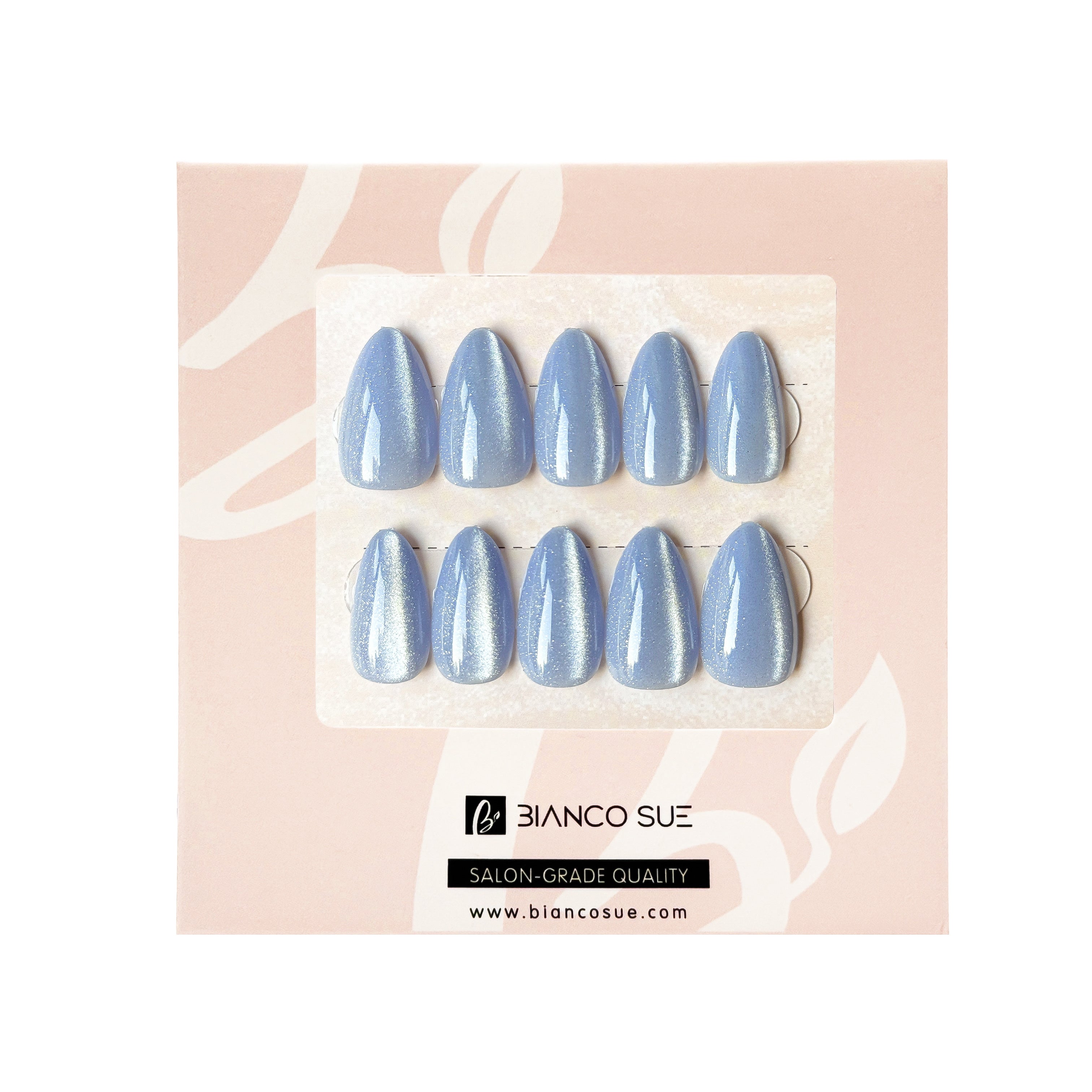 Moonlit Blue | Salon Quality Press-on Nails Kit - Short Almond Shimmery Blue Cat-Eye