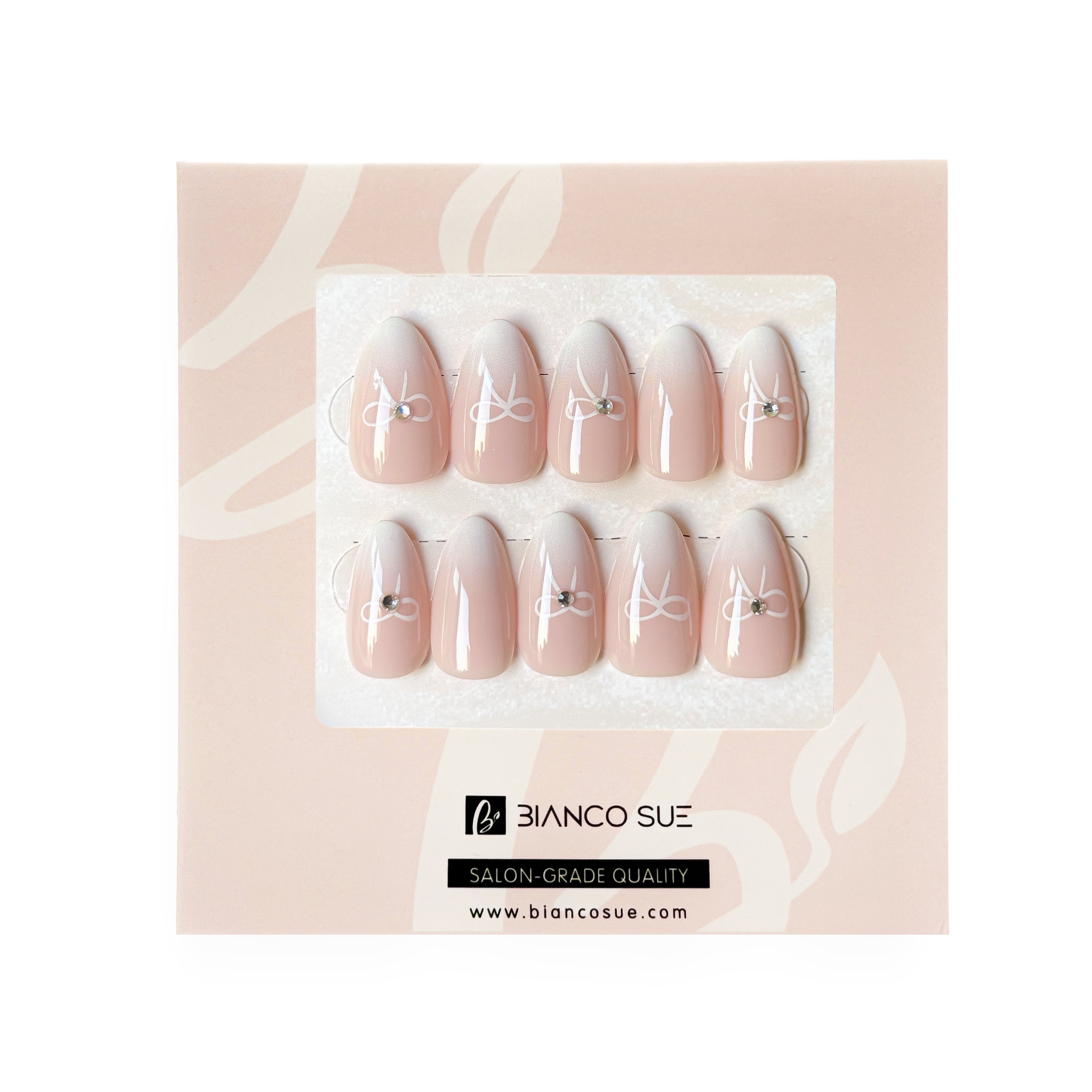 Pink Belle | Salon Quality Press-on Nails Kit - Short Almond Ombre Pink with Bow Accents