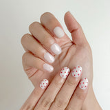 Rose Pebble – Extra Short Squoval Shape | Salon Quality Press-on Nails Kit – Soft White with Red Dots