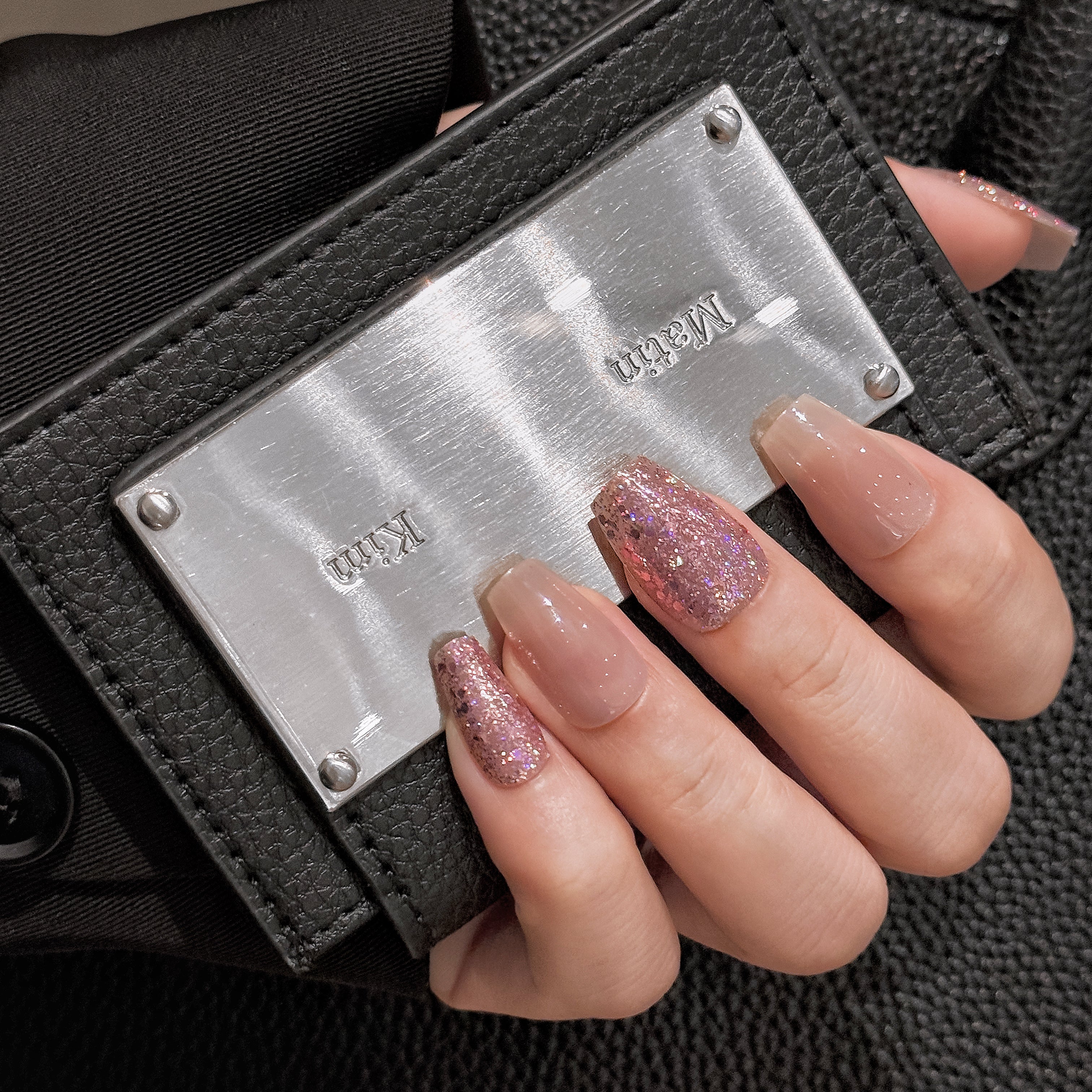 Salon Quality Press-on Nail Kit - Medium Coffin Pink Glitter and Nude Combination