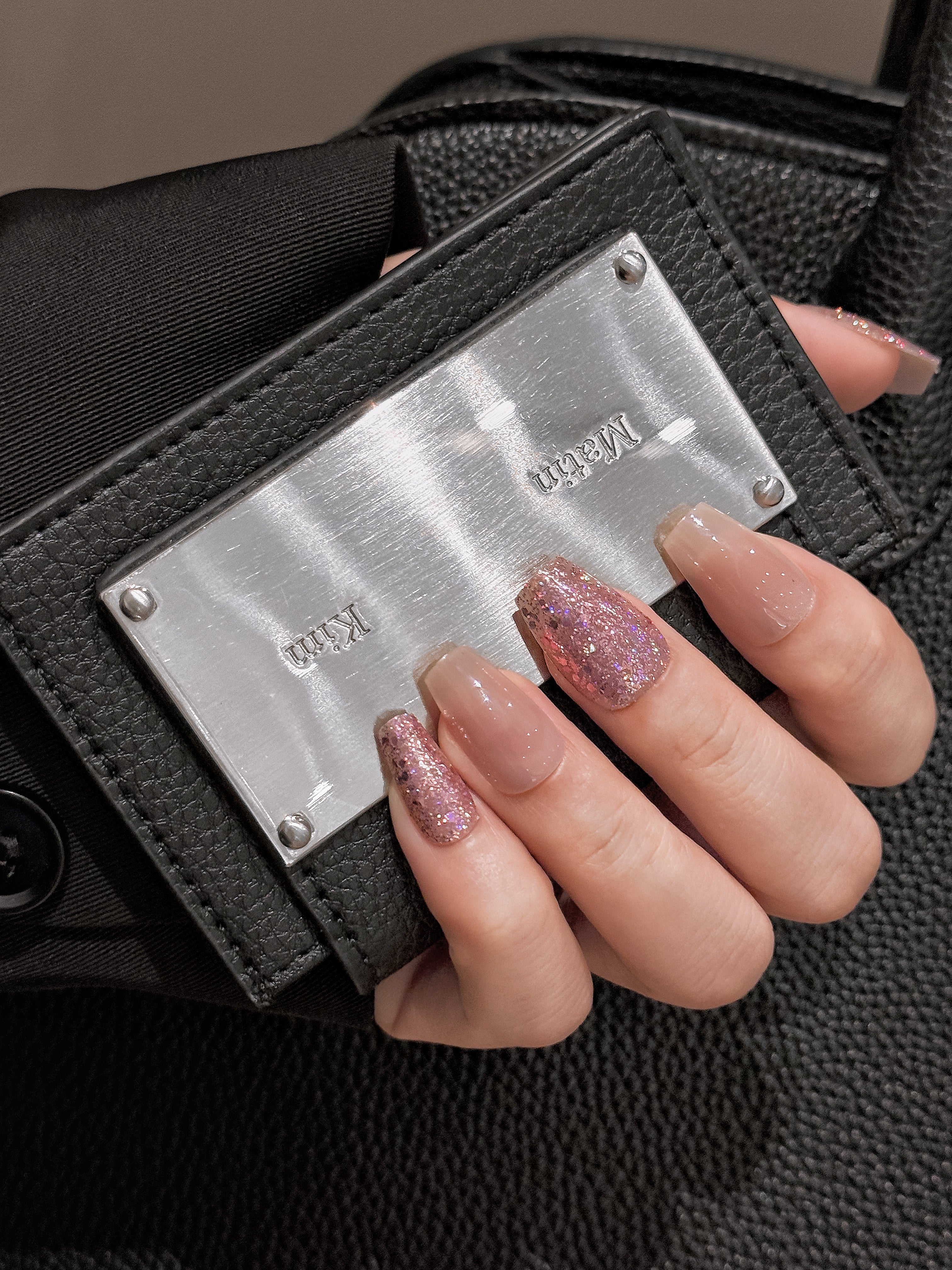Salon Quality Press-on Nail Kit - Medium Coffin Pink Glitter and Nude Combination