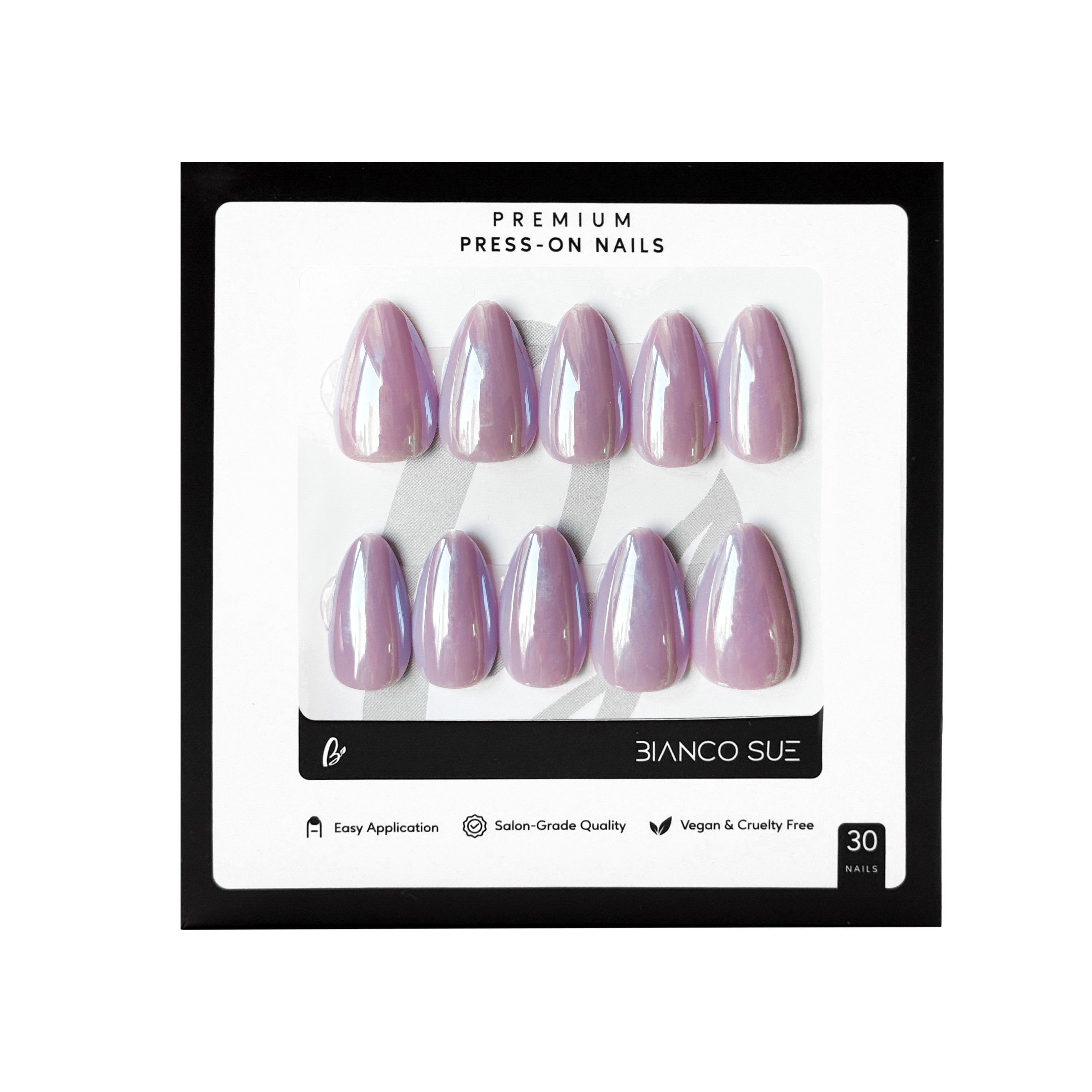 Twilight Lilac short almond-shaped press-on nails kit with purple glazed finish, perfect for salon-quality manicures